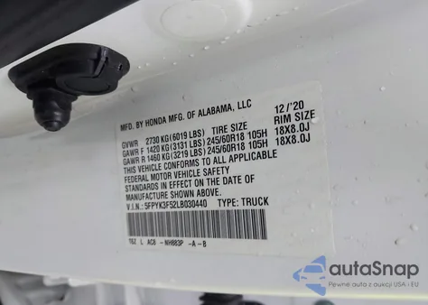 2020 Honda Ridgeline Awd Rtl from USA, damaged, VIN 5FPYK3F52LB030440